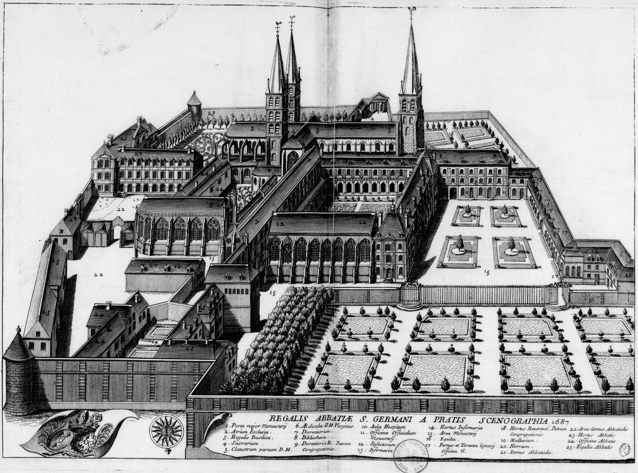 Plade fra 1687, der viser klosteret St. Germain des Prés i Paris af Michel Germain