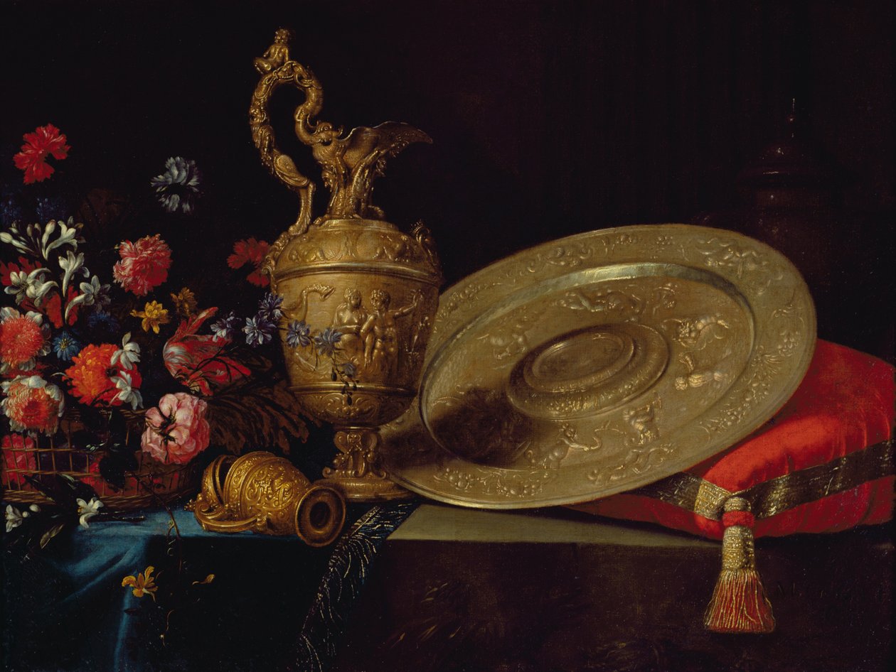 Stilleben med blomster og tallerken af Michel Gobin
