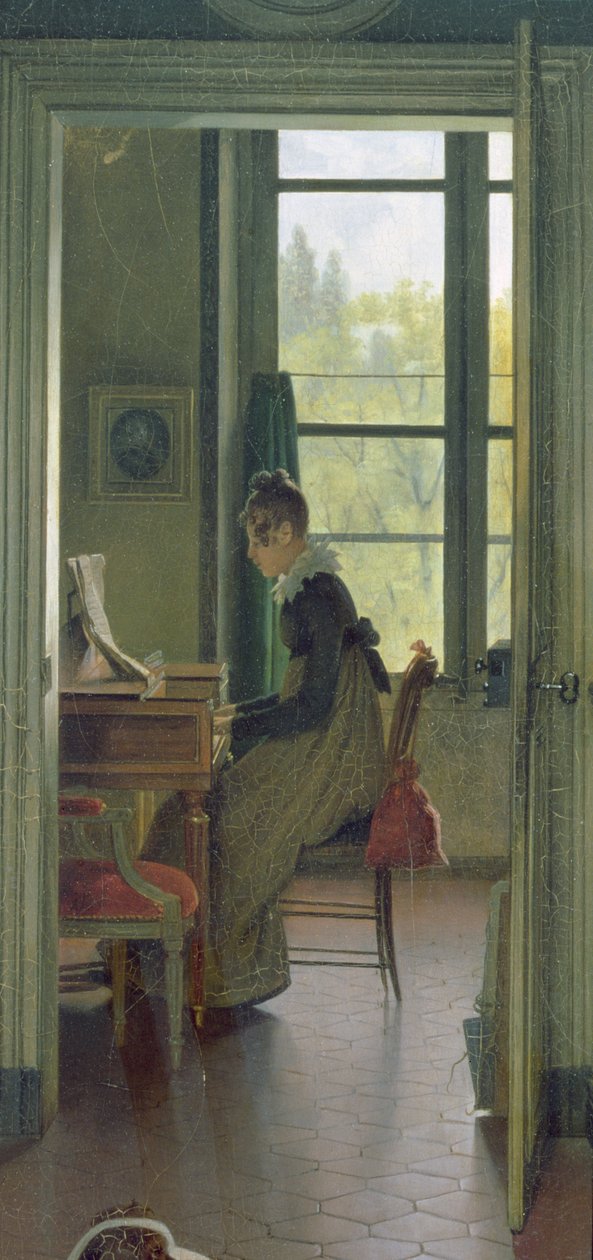Interiør af en spisestue, detalje af en kvinde, der spiller klaver i det næste rum, 1816 (detalje af 106942) af Michel Martin Drolling