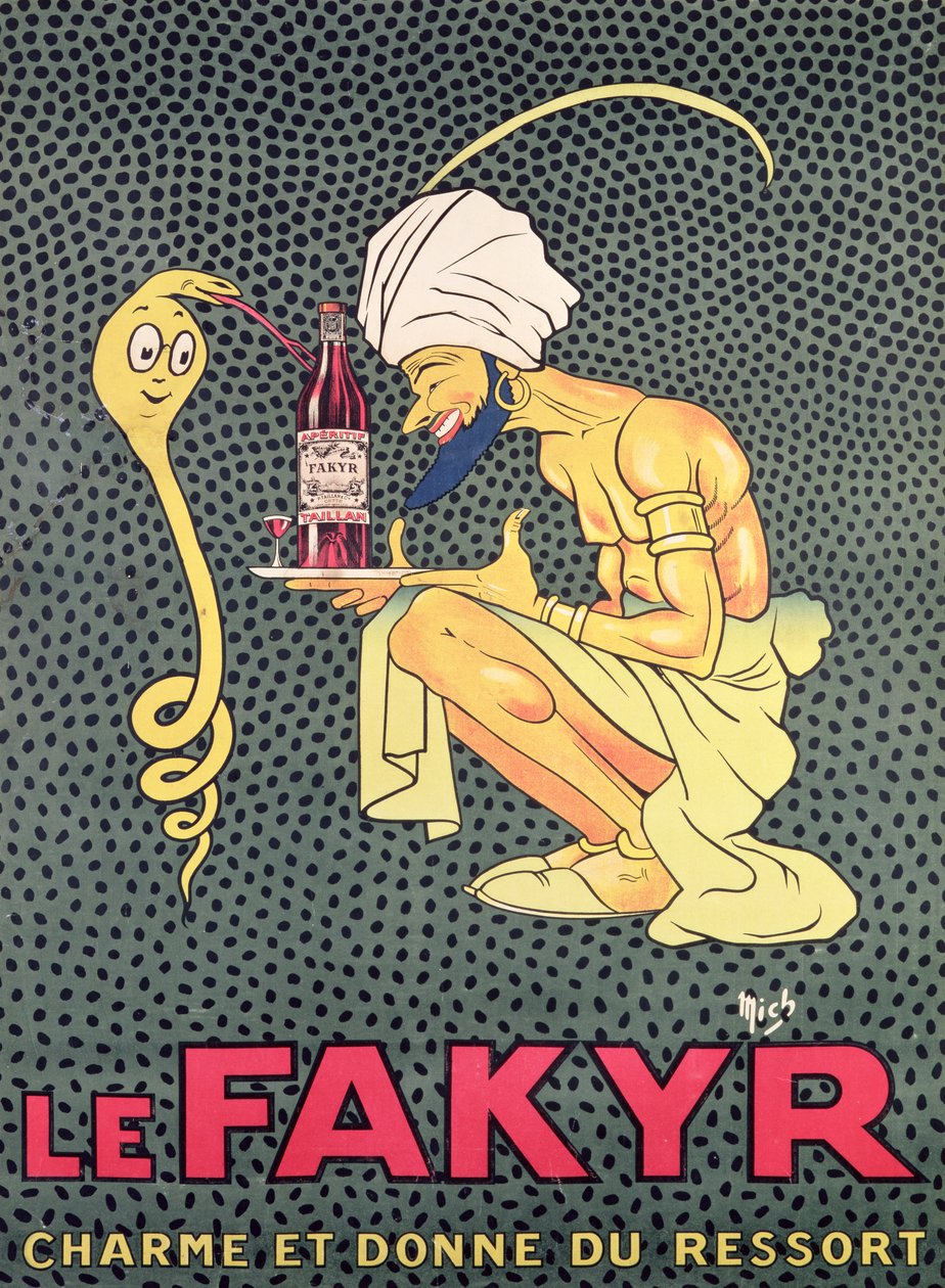 Fakyr: charmetrold og spiritusgiver, reklame for "Fakyr"-apéritif (håndkoloreret gravering) af Michel Liebeaux