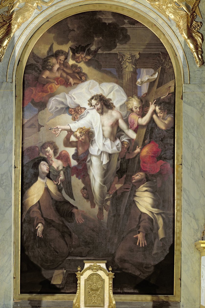 Kristus genopstod mellem den hellige Teresa af Avila (1515-82) og den hellige Johannes af Korset (1524-91) af Michel des Gobelins Corneille