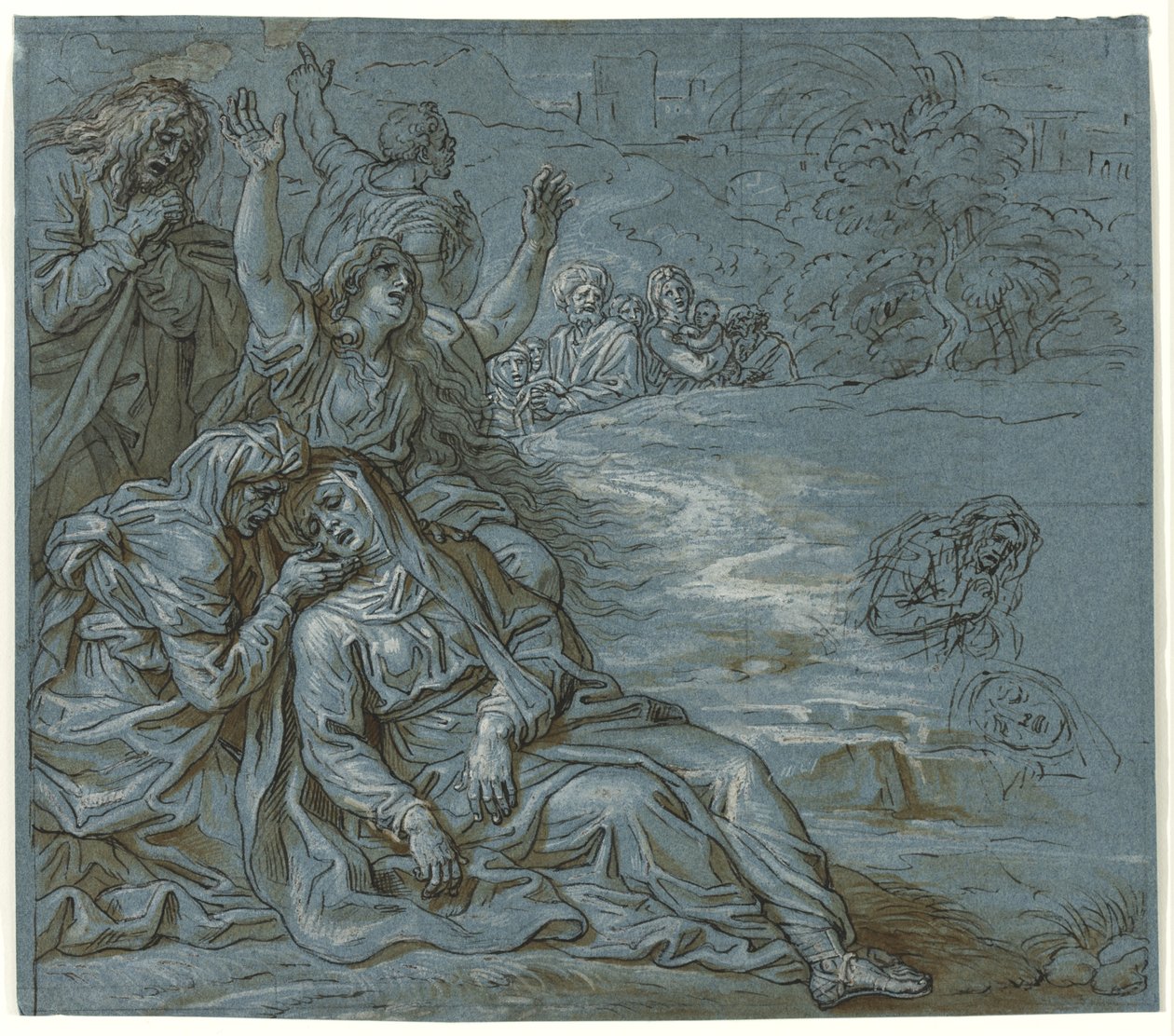 Lamentation, ca. 1680 (pen & blæk med vask over blyant på papir) af Michel des Gobelins Corneille