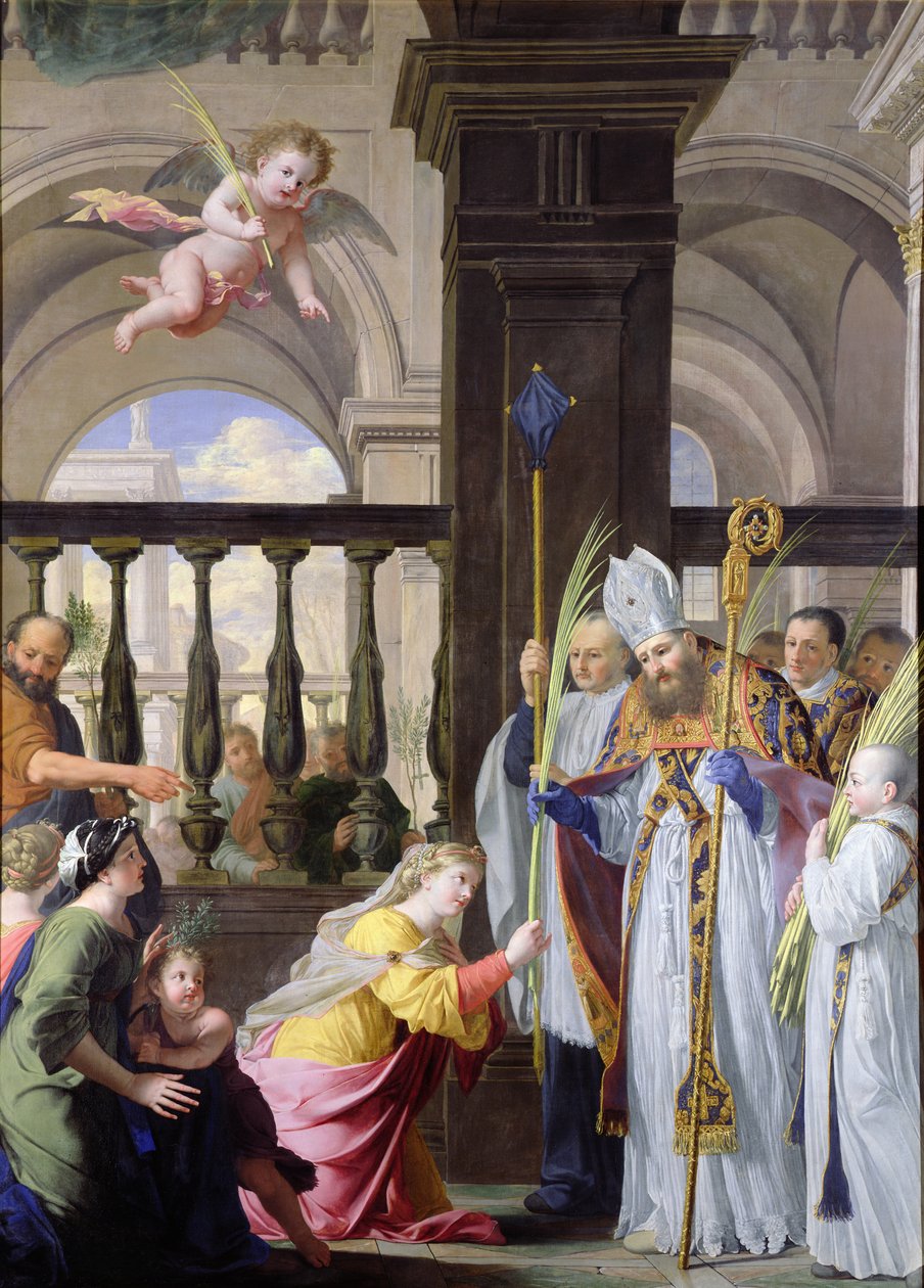 St. Genevieve modtager en palme fra St. Medard på palmesøndag af Michel des Gobelins Corneille