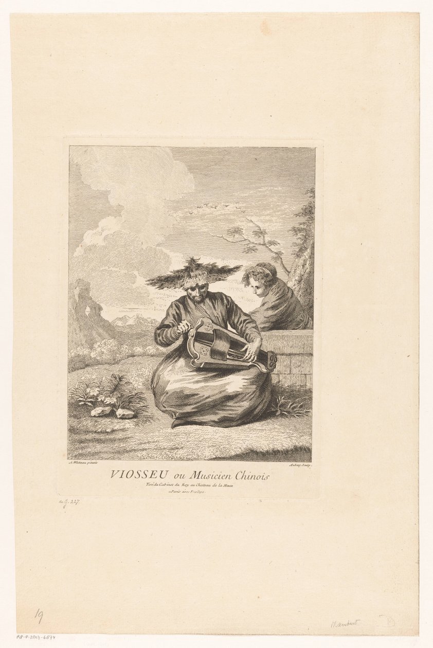 Mand, der sidder på kryds og tværs med skive Viosseu ou Musicien Chinois (titel på objekt) Serie af asiatiske scener fra samlingen af ​​Château de la Muette (serietitel) Figures chinoises et tartares du château de la Muette (serietitel) af Michel Aubert