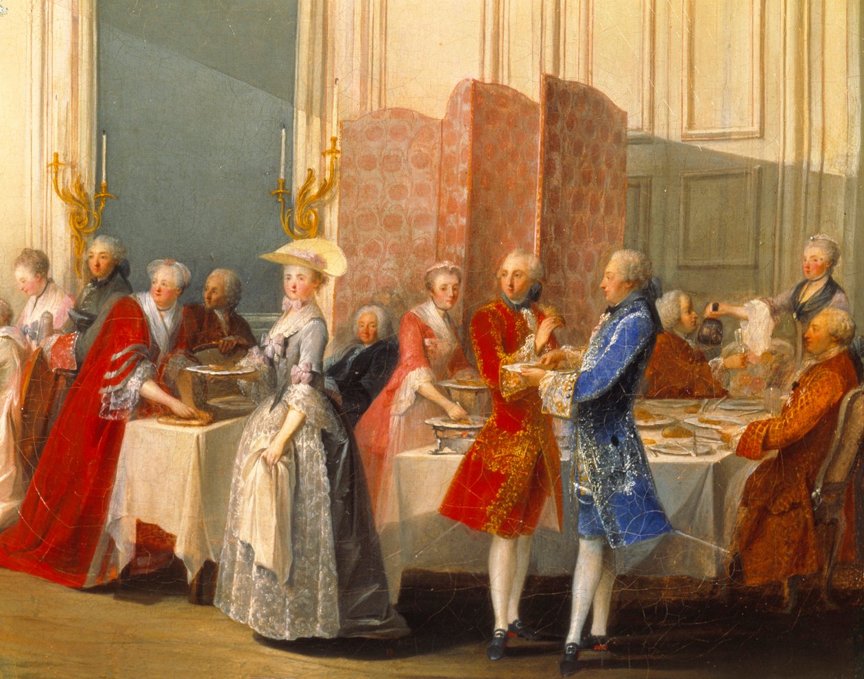 Buffet with guests next to a screen. Detail of "" Le The a l "Englishman served in the Salon des Quatre-Glacesdani af Michel Barthelemy Ollivier or Olivier