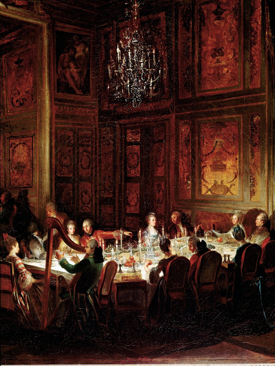 Middag for Prins Louis Francois de Conti, Templets Palads”” Detalje. Maleri af Michel Barthelemy Ollivier (1712-1784) 1766 søn. 0,56x0,71 Versailles, musee du chateau af Michel Barthelemy Ollivier or Olivier