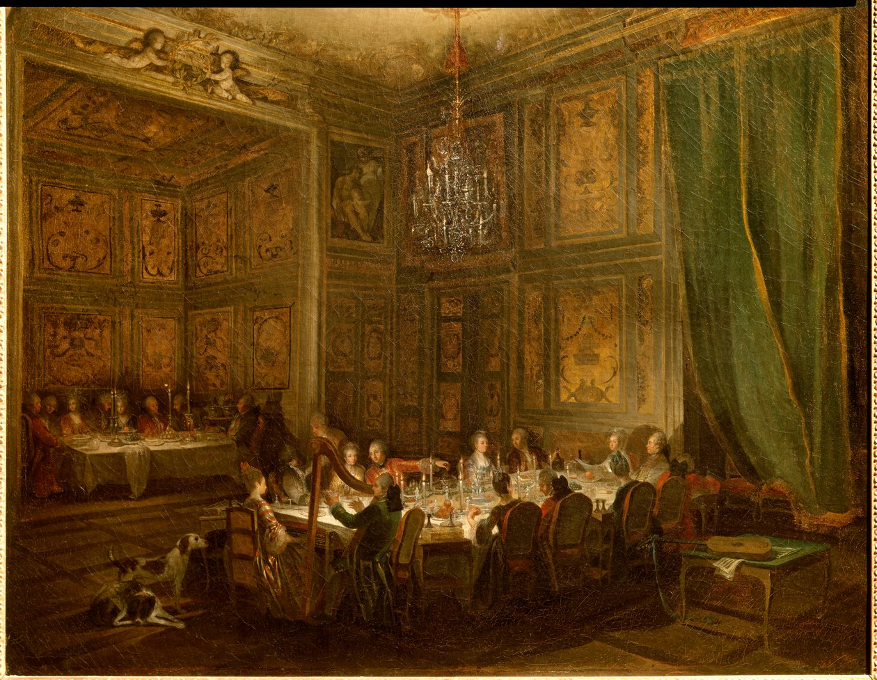 Middag af prins Louis Francois de Conti, Tempelpaladsmaleri af Michel Barthelemy Ollivier (1712-1784) 1766 Søn. 0,56x0,71 af Michel Barthelemy Ollivier or Olivier
