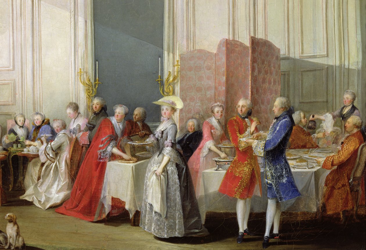 Engelsk te i Salon des Quatre Glaces i Prince de Contis hus (1717-76) Palais du Temple, detaljer om gæsterne, 1766 af Michel Barthelemy Ollivier or Olivier