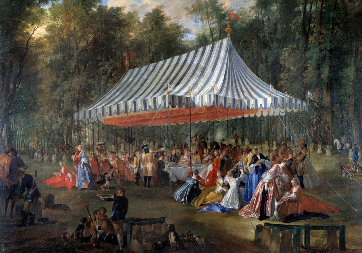 Fest givet af Louis Francois Joseph de Bourbon, Prins af Conti til arveprins Charles Guillaume Ferdinand af Brunswick Luebourg (1735-1806), under teltet, i Cassan-skoven, på Isle Adam i 1766 Banket i parken. Maleri af Michel Ba af Michel Barthelemy Ollivier or Olivier