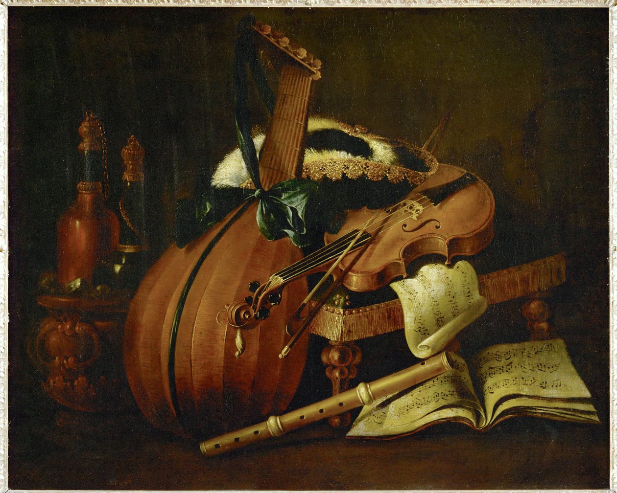 Luth, violin, fløjte, partitur og trehjørnet hat ... af Michel Boyer