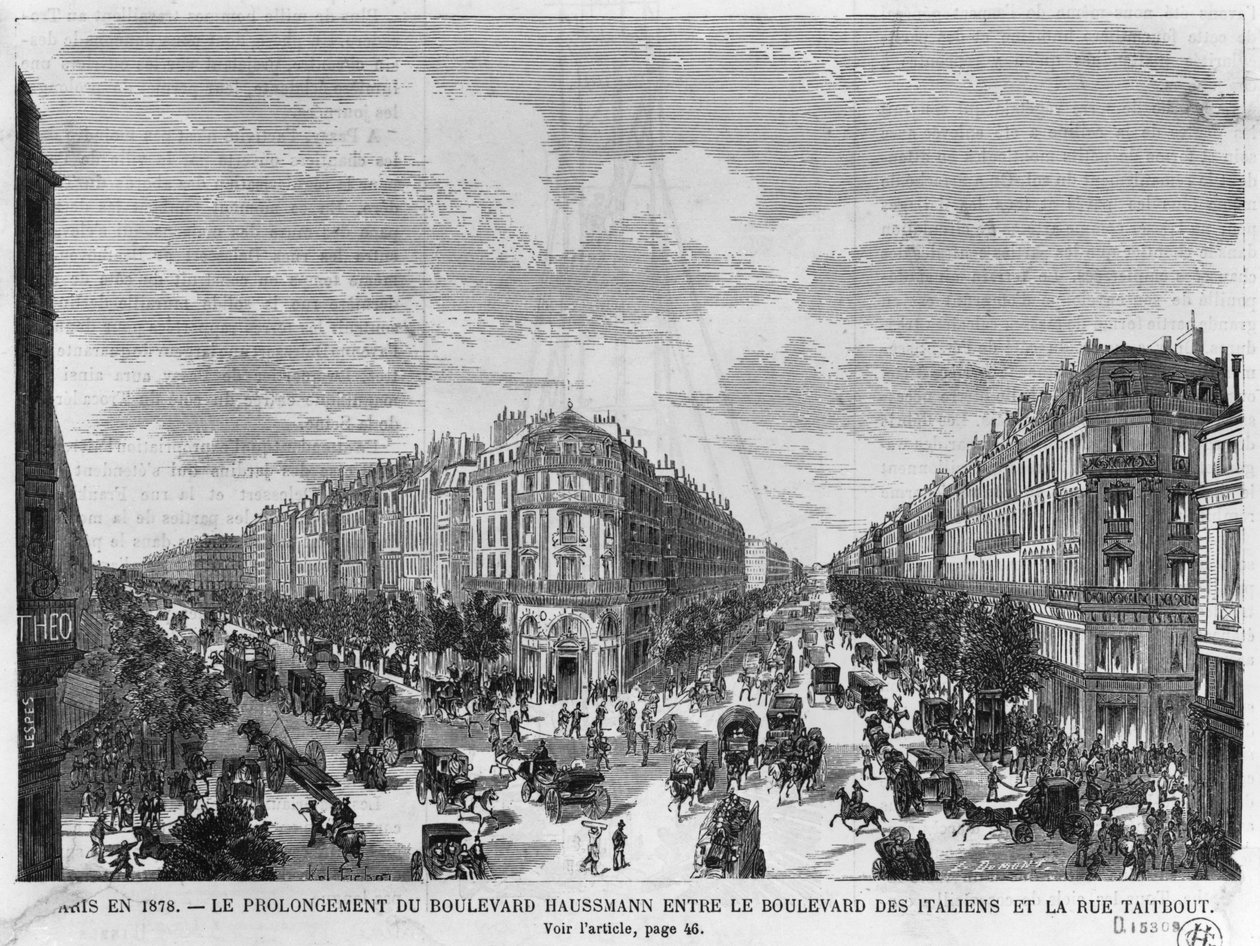 Paris i 1878, Boulevard Haussmann forlænget mellem Boulevard des Italiens og rue Taitbout, graveret af Louis Dumont (f.1822) sidst i det 19. århundrede af Michel Charles Fichot