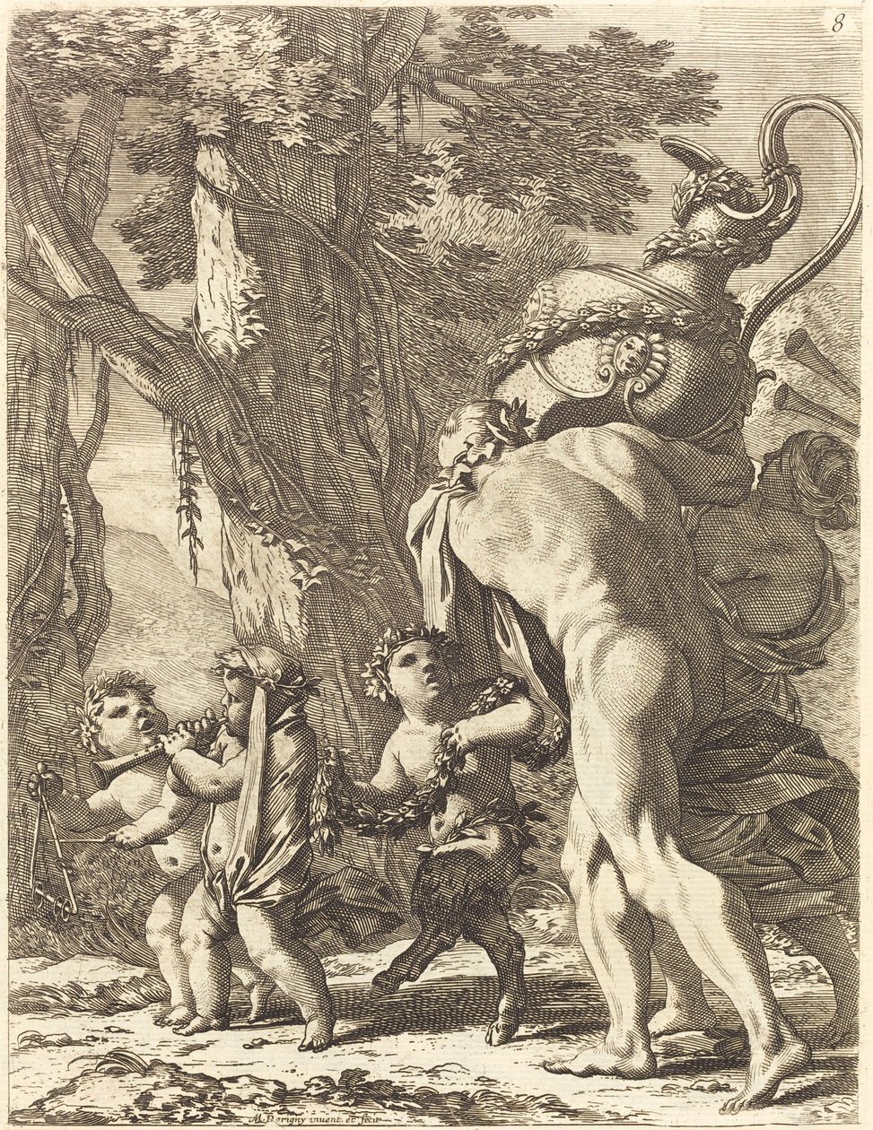 Bacchanal med figurer, der bærer en vase af Michel Dorigny