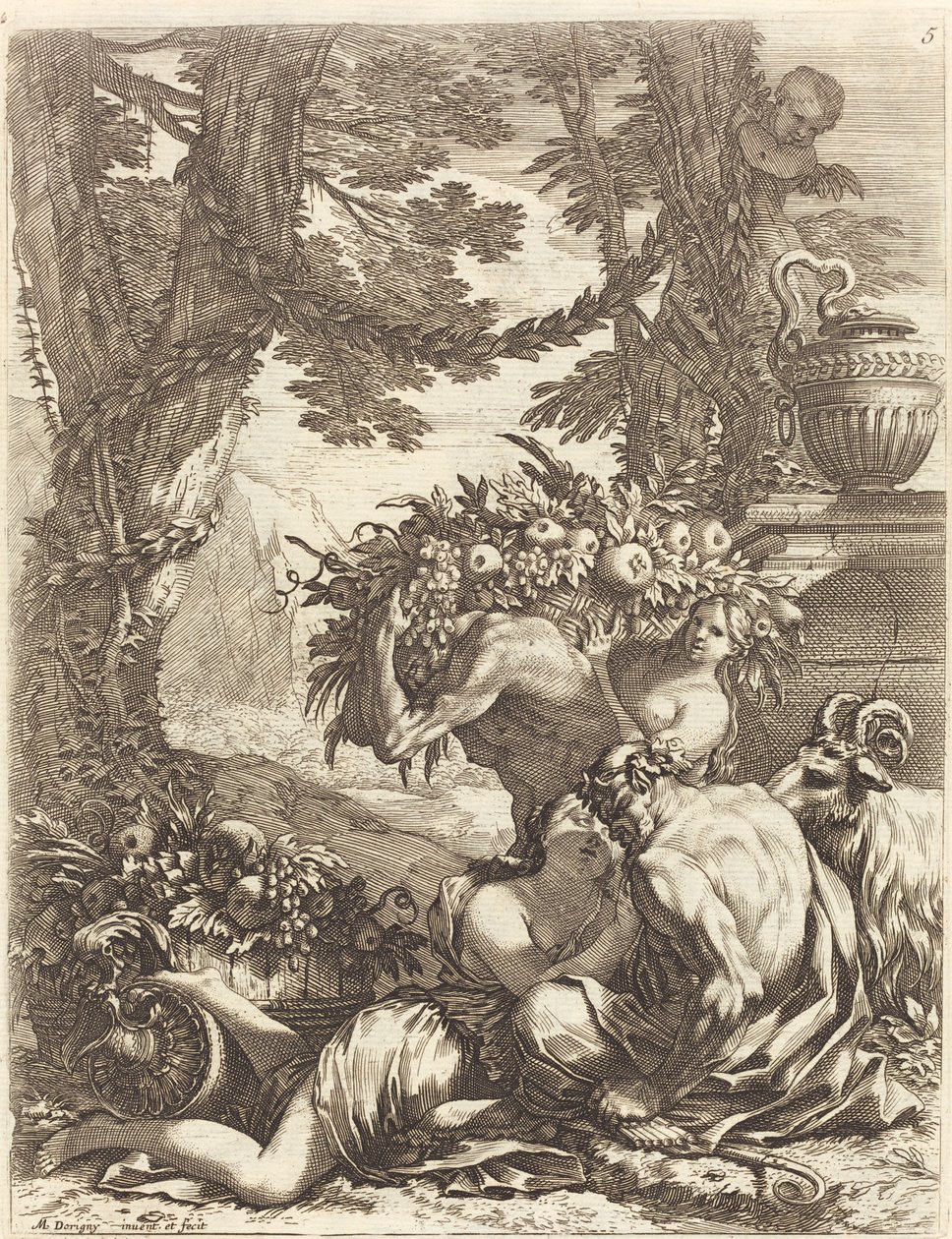 Faun omfavner en Bacchante af Michel Dorigny