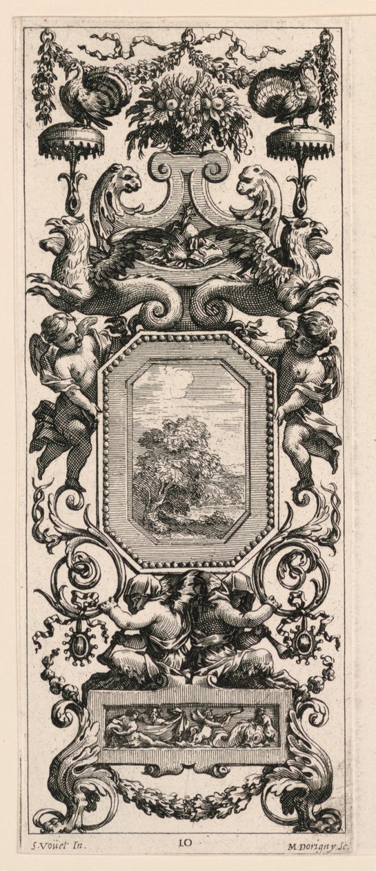 Ornamental panel beklædt med en kurv med blomster og en krans, plade 10 fra bogen over diverse grotesker malet i Reyne Regente
