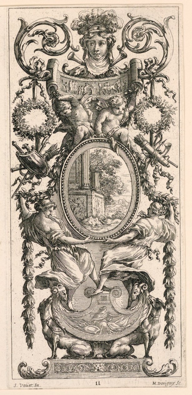 Ornamental Panel overmonteret med et hoved flankeret af løv, plade 11 fra Ornamental Panel overmonteret med et hoved flankeret af løv, fra Livre de Diverses Grotesques peintes dans le Cabinet et Bains de la Reyne Regente, au Palais Royale af Michel Dorigny