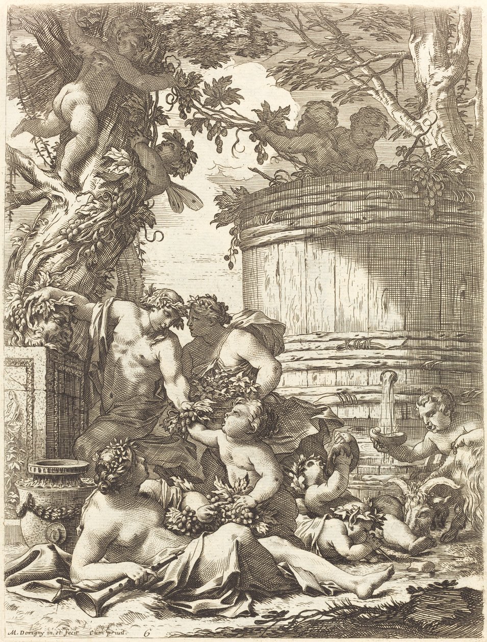 Putti med druer og en siddende Bacchante af Michel Dorigny