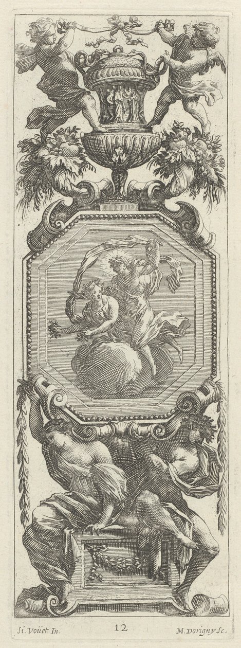 Ornamental panel overbygget af to putti og en vase af Michel Dorigny, after Simon Vouet