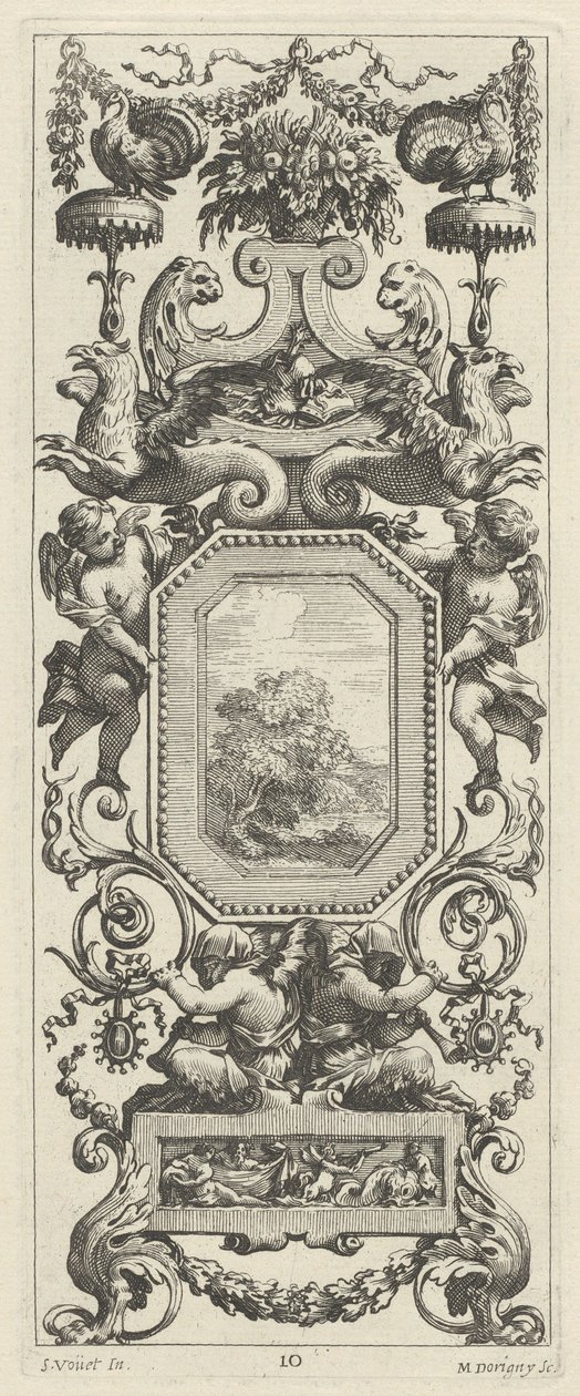 Ornamental Panel overgivet af en kurv med blomster og en krans af Michel Dorigny, after Simon Vouet