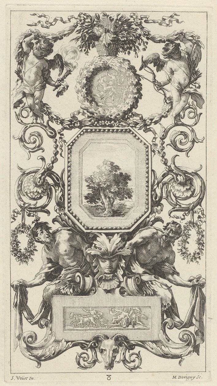 Prydpanel besat af en kurv med blomster med amor og jomfruhinde af Michel Dorigny, after Simon Vouet