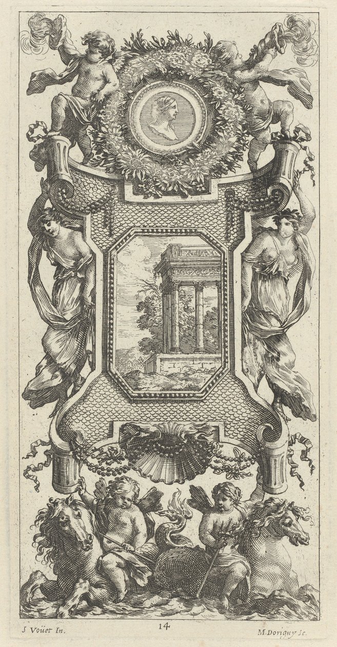 Ornamental panel besat af en buste af en kvinde og to putti med flammende trompeter af Michel Dorigny, after Simon Vouet