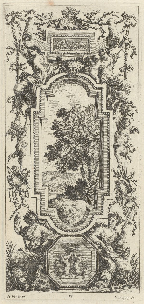 Ornamental panel overtaget af en maritim scene og en skal af Michel Dorigny, after Simon Vouet