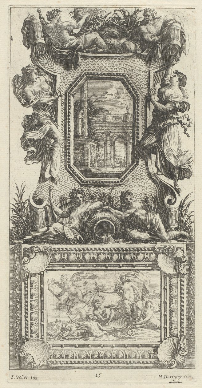 Ornamental Panel betaget af en Naiad og en Flodgud af Michel Dorigny, after Simon Vouet