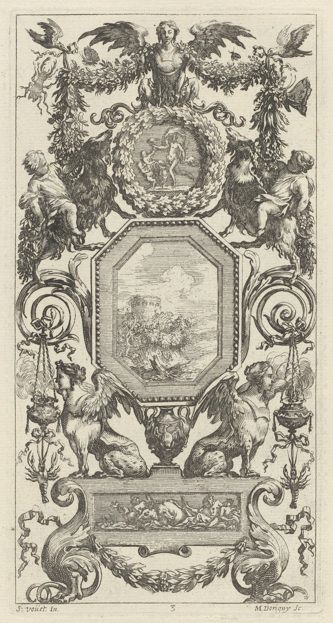 Ornamental panel besat af en bevinget harpy af Michel Dorigny, after Simon Vouet