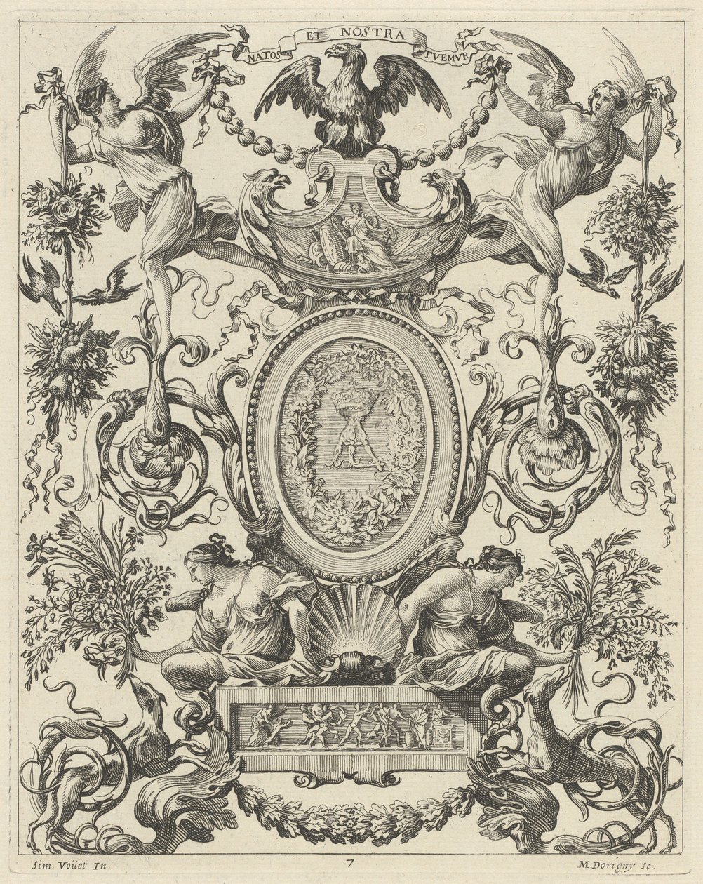 Ornamental panel overvundet af en ørn og mottoet NATOS ET NOSTRA TUEMUR af Michel Dorigny, after Simon Vouet