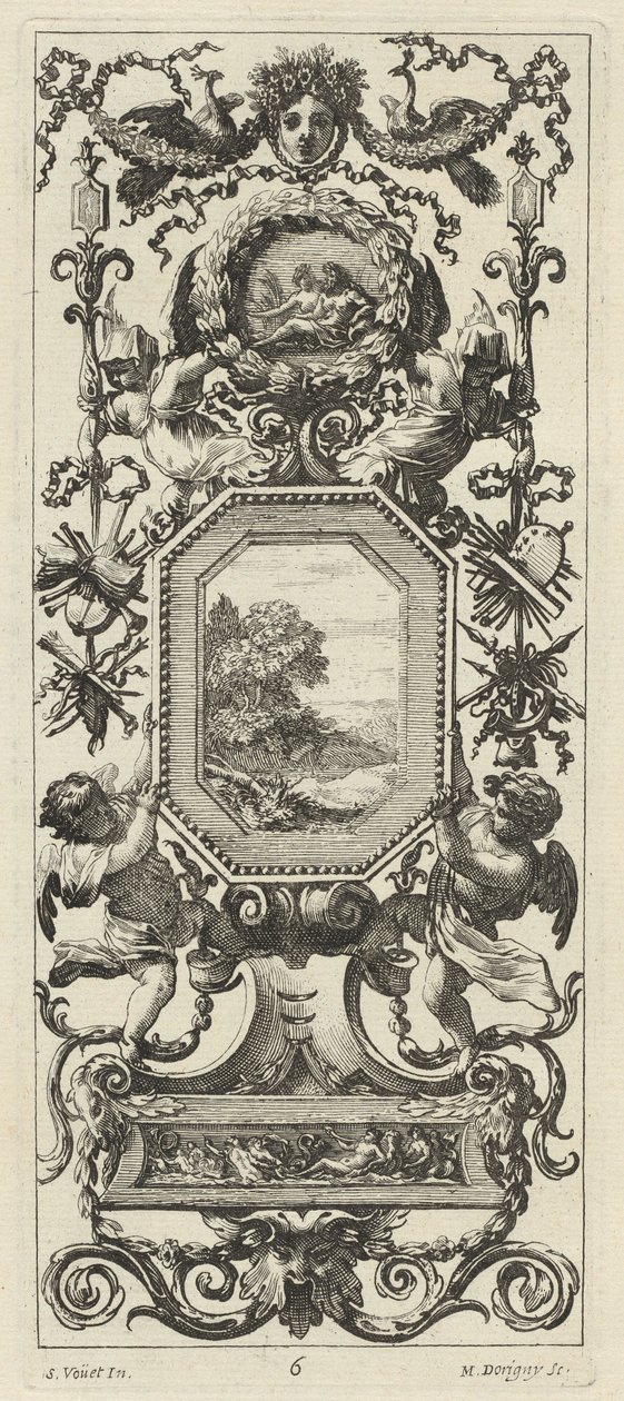Ornamental panel overvundet af det kronede hoved af en kvinde og to påfugle af Michel Dorigny, after Simon Vouet