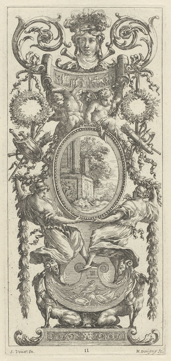 Ornamental Panel overmonteret med et hoved flankeret af løv af Michel Dorigny, after Simon Vouet