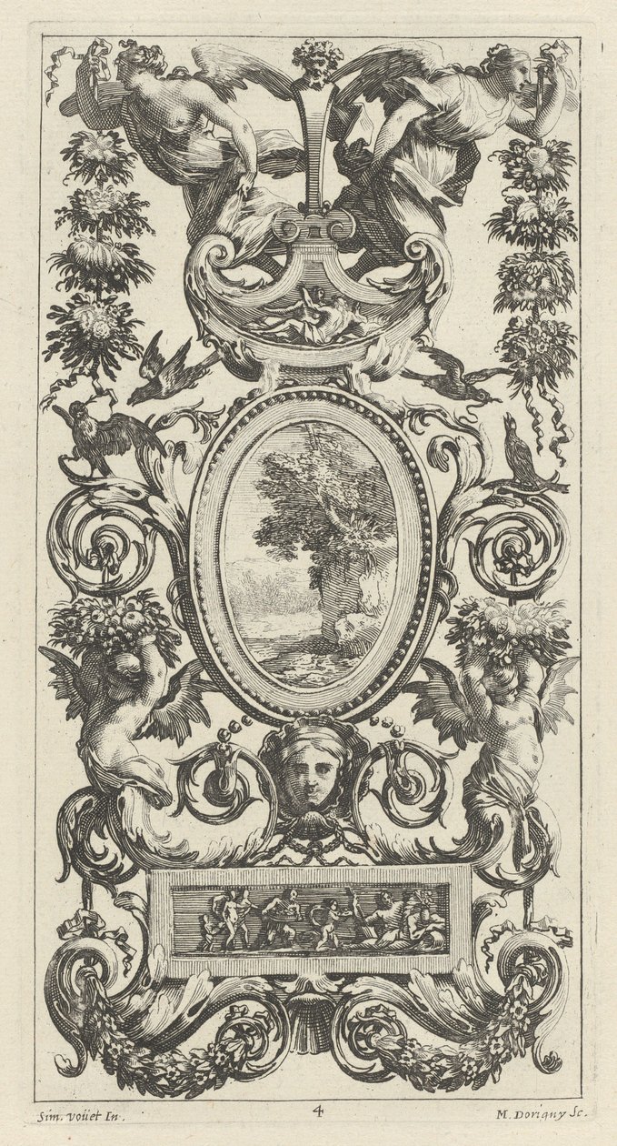 Ornamental panel med pan og to kransbærende kvinder af Michel Dorigny, after Simon Vouet