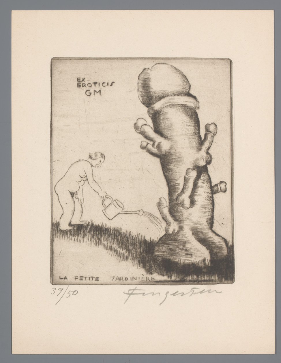 Ex libris af Gianni Mantero Ex eroticis GM (titel på objekt) La petite jardinière (titel på objekt) af Michel Fingesten (signed by artist)