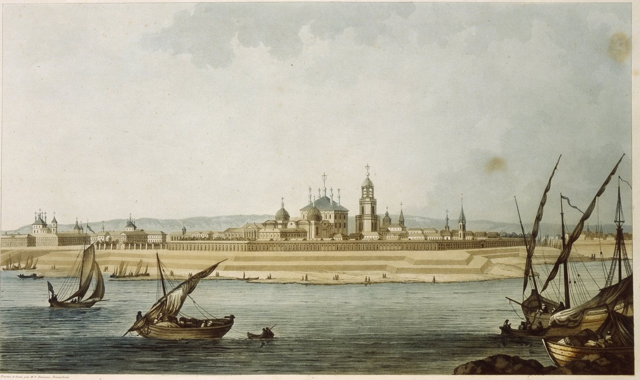 Tver (Rusland). (fra 1931 til 1991 hed byen Kalinin). Beskrivelse af den neoklassiske by, som den blev genopbygget efter dens ødelæggelse ved brand i 1763, samt aktiviteterne på Volga, der grænser op til byen. Arbejde af Michel Fr af Michel Francois Damam Demartrait