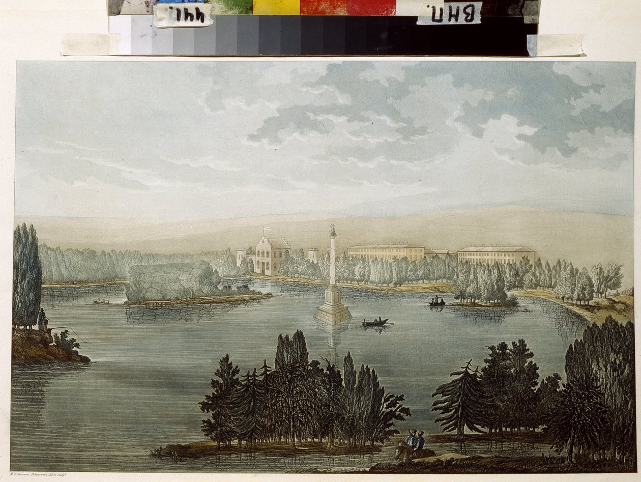 Udsigt over Tsarskoïe Selo. Chesme -kolonnen. (Udsigt til Tsarskoye Selo. Chesme -søjlen). Arbejde af Michel Francois Damam Damamrait (1763-1827), farvet gravering i akvarel af Michel Francois Damam Demartrait