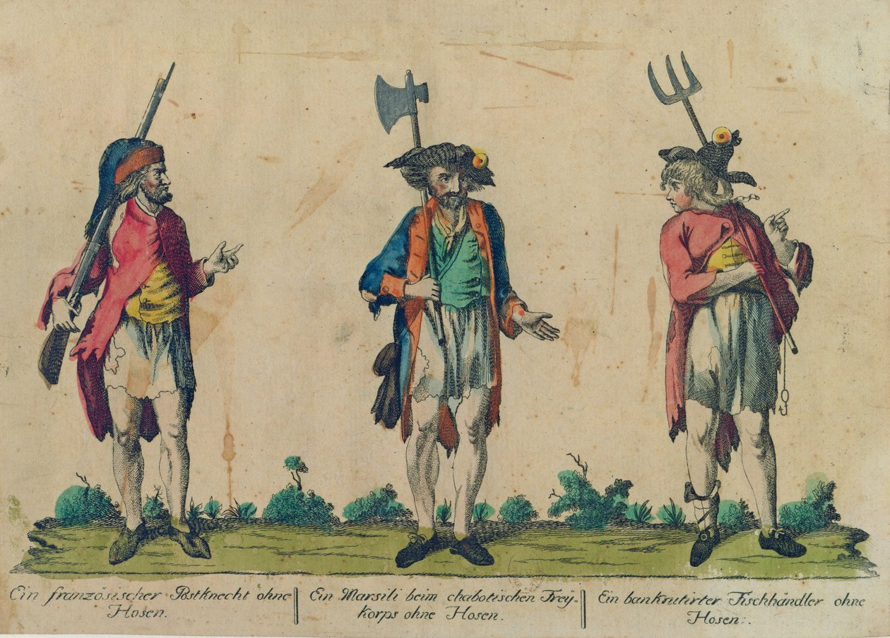 En fransk posttjenestemand uden bukser, en Marsili i Freikorpset uden bukser og en Bankrutirter fiskehandler uden bukser, 1793 (farvelagt radering) af Michel Hennin