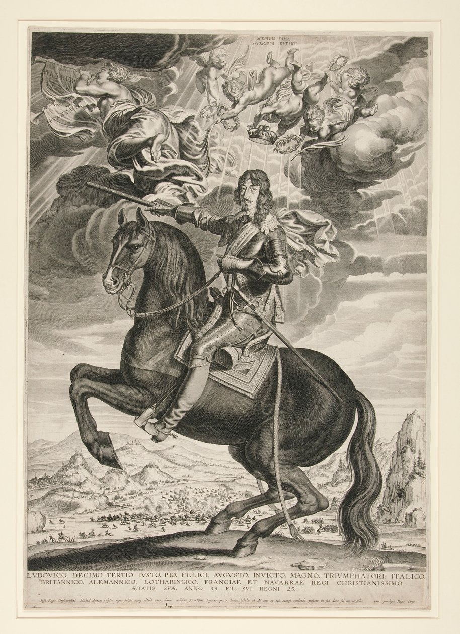 Rytterportræt af Ludvig XIII (Bourbon) (1601-1603) i en alder af 33. Landskab er efter Callot af Michel Lasne
