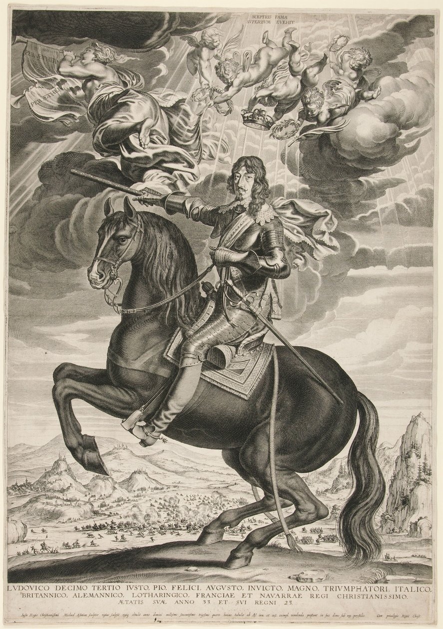 Rytterportræt af Ludvig XIII (Bourbon) (1601-1603) i en alder af 33 år. Landskabet er efter Callot af Michel Lasne