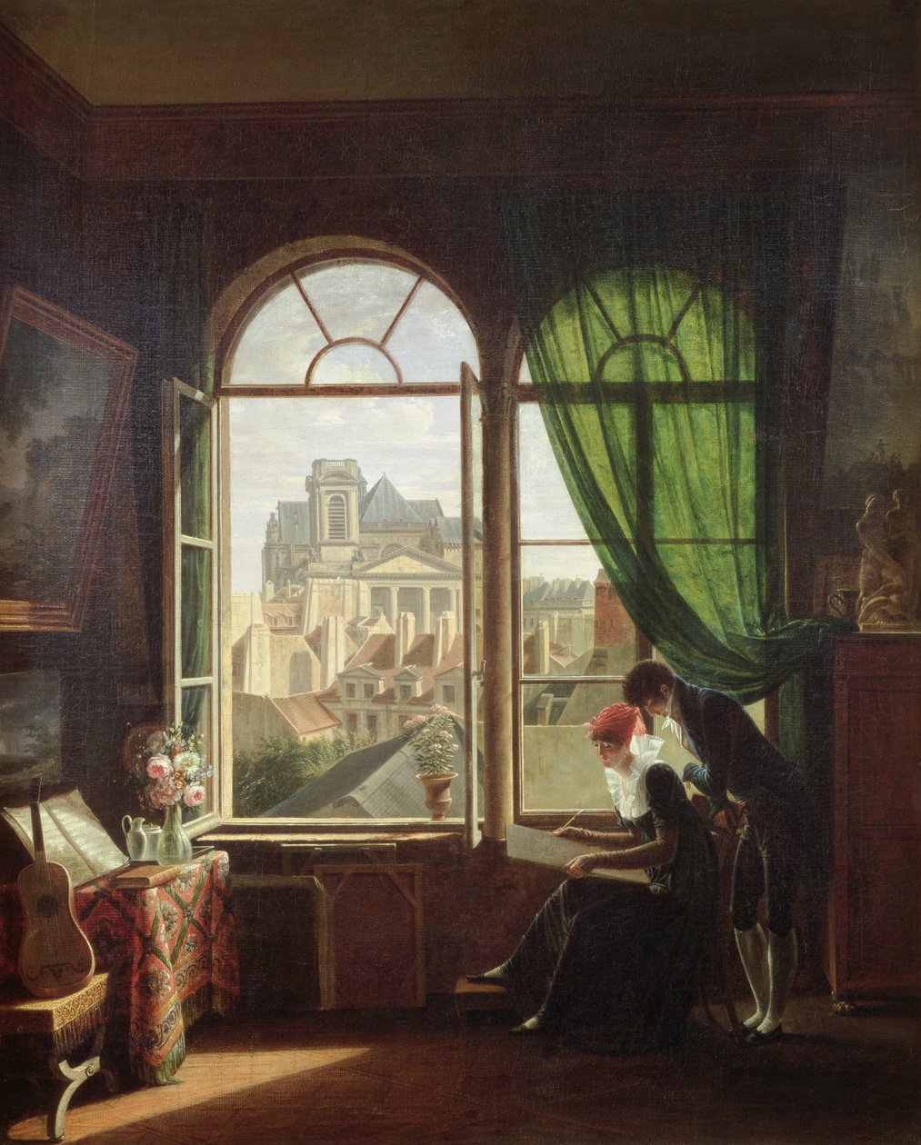 Udsigt over Saint-Eustache kirke fra et hus på Rue Platriere eller kunstnerens interiør, ca. 1810 af Michel Martin Drolling