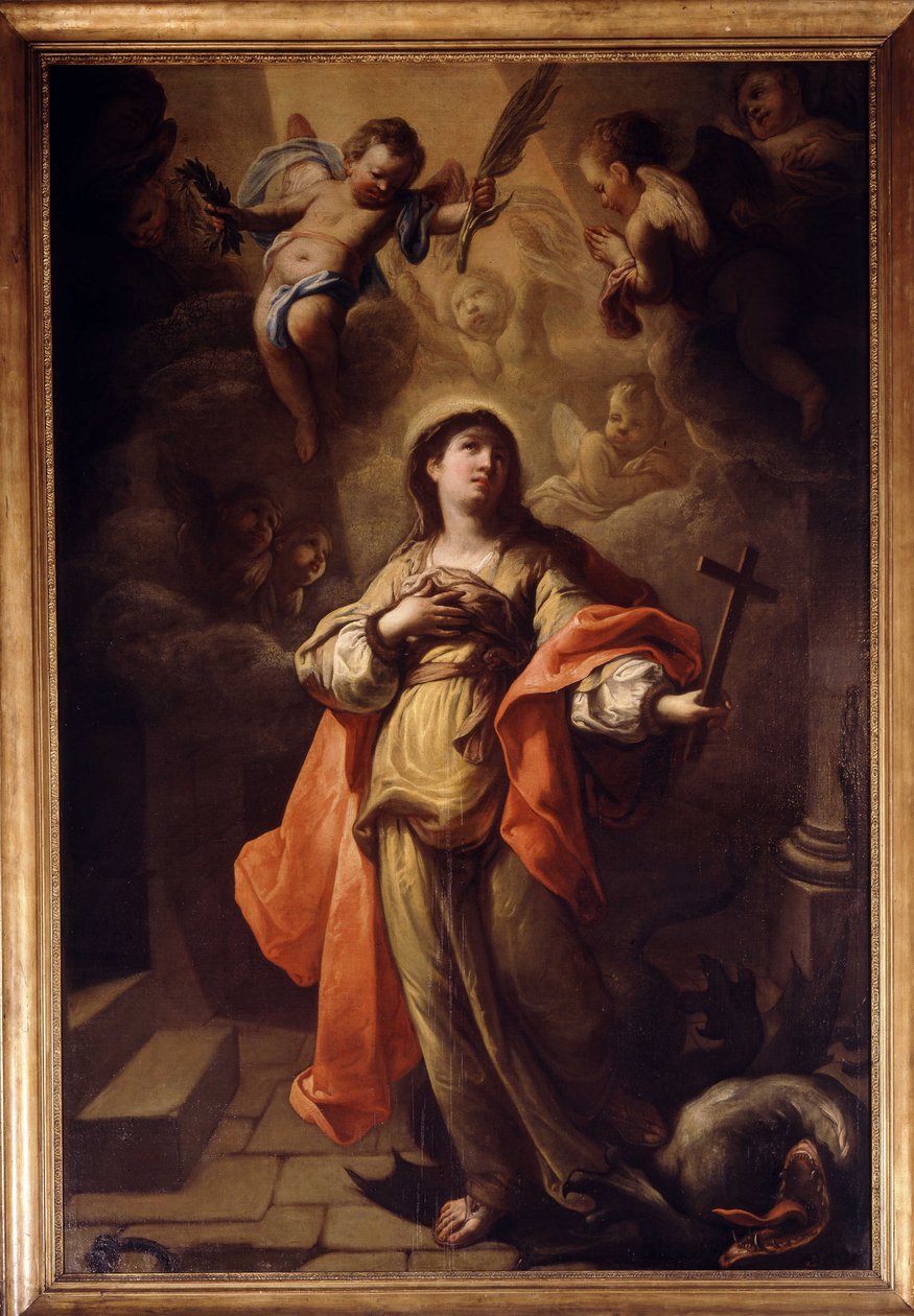 Sankt Margaret. I hans hånd et krucifiks og hans fødder dragen (olie på lærred) af Michel Serre