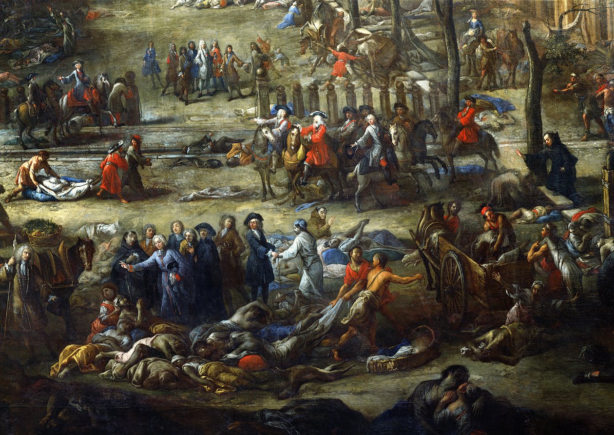 Udsigt over Cours Belsunce, Marseille, under pesten i 1720, detaljer, der forestiller kardinal af Belsunce med en gruppe lig af pestofre af Michel Serre