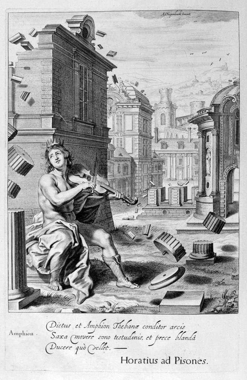 Amphion bygger Thebens mure ved musik fra sin violin, 1655 af Michel de Marolles