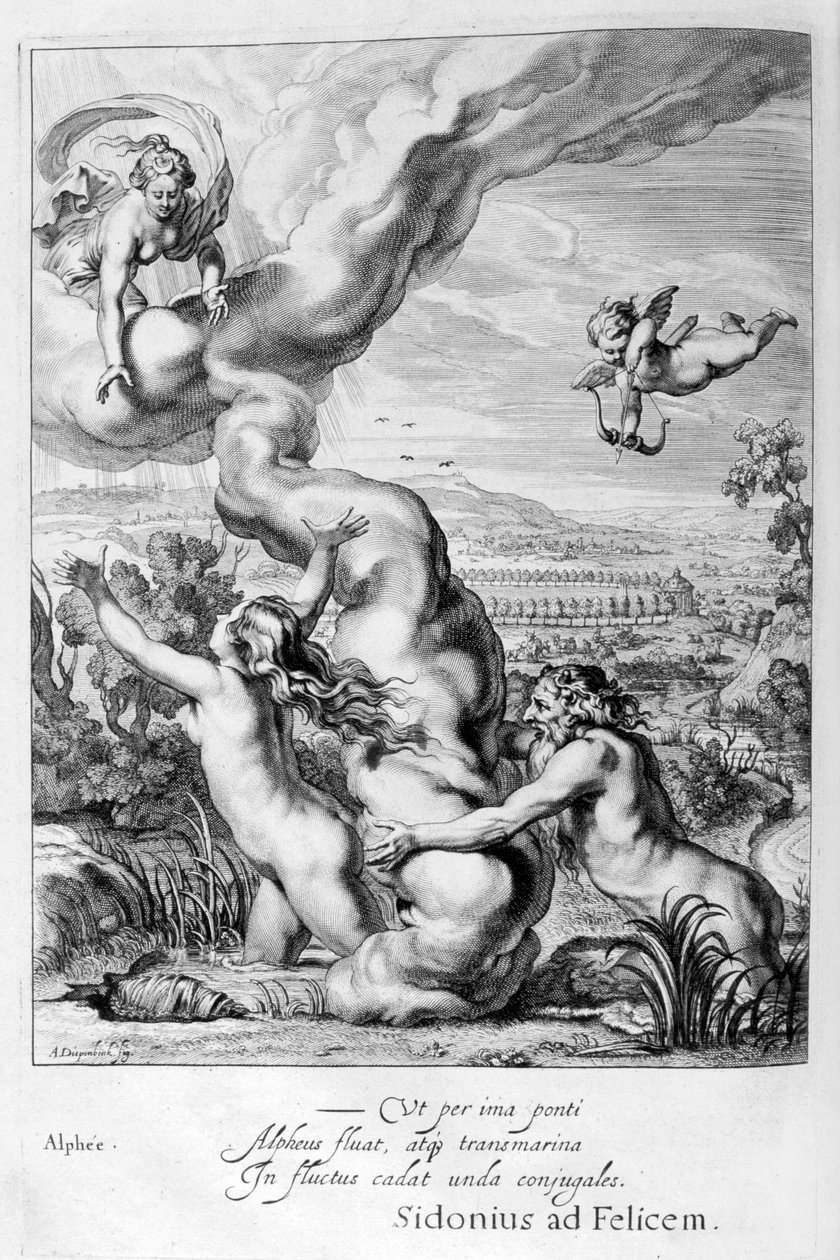 Arethusa forfulgt af Alpheus og forvandlet til en springvand, 1655 af Michel de Marolles