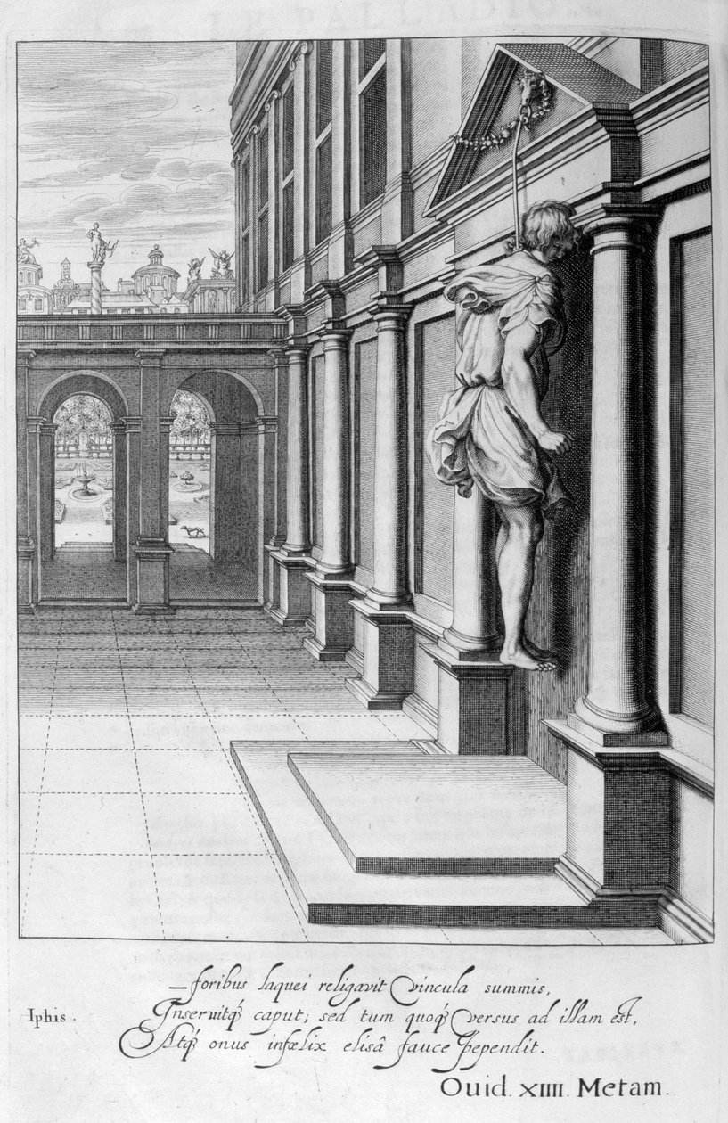 Iphis hænger sig selv i fortvivlelse over, at han ikke kunne vinde Anaxarete, 1655 af Michel de Marolles