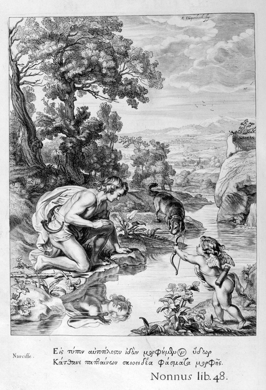 Narcissus forelsket i sin egen refleksion, 1655 af Michel de Marolles