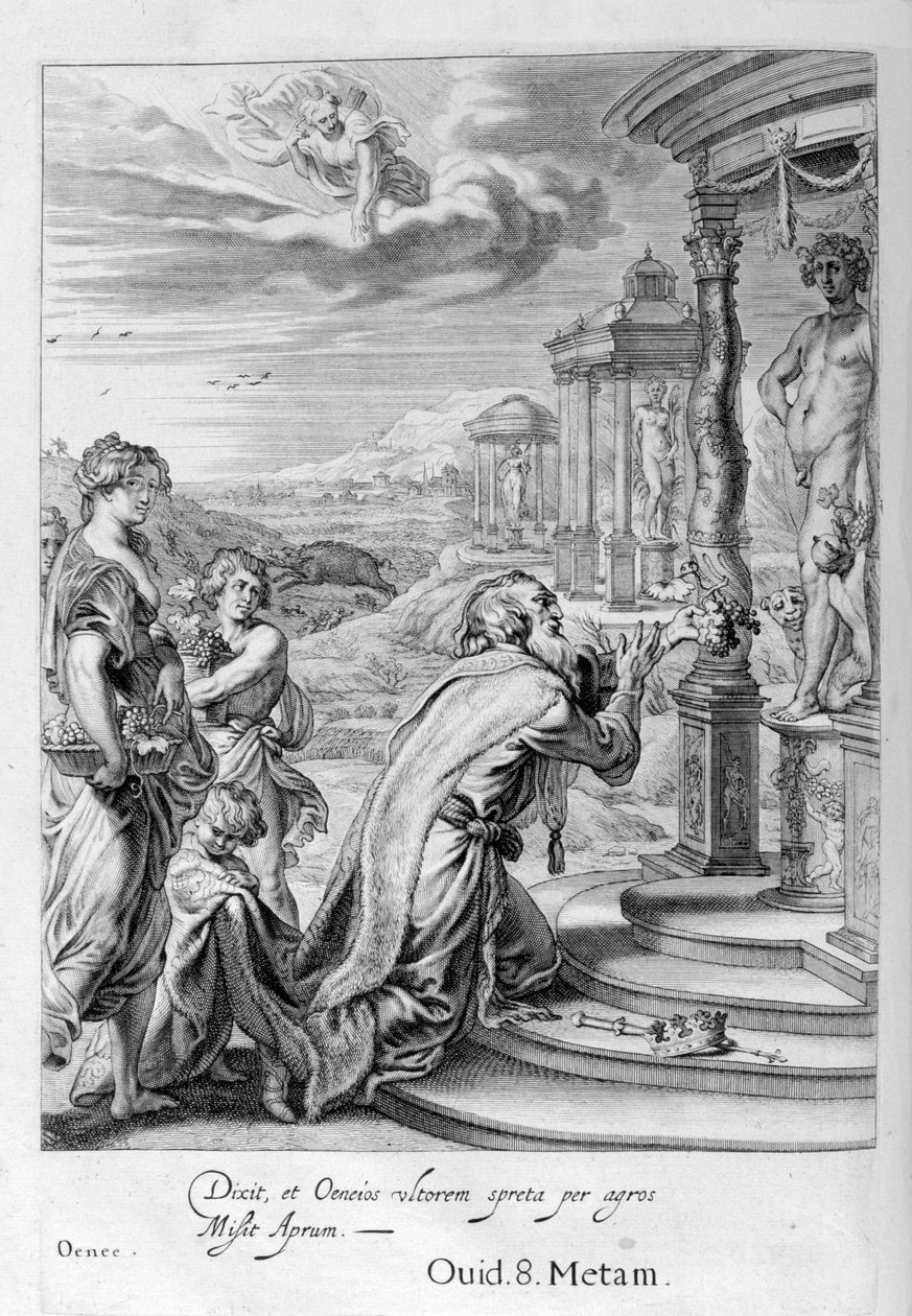 Oeneus, konge af Calydon, efter at have forsømt Diana i et offer straffes for sin ugudelighed, 1655 af Michel de Marolles
