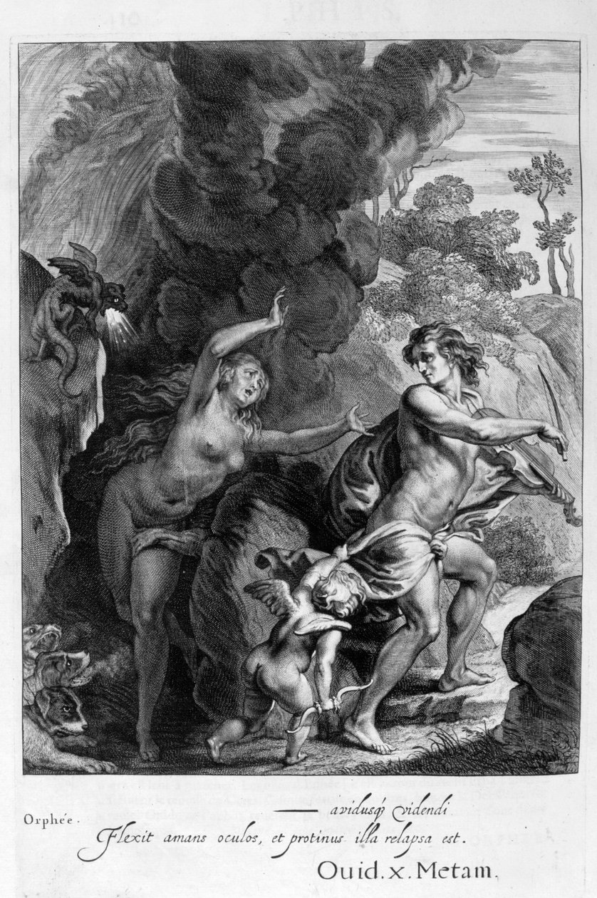 Orpheus, der fører Eurydike ud af helvede, ser tilbage på hende og mister hende for altid, 1655 af Michel de Marolles