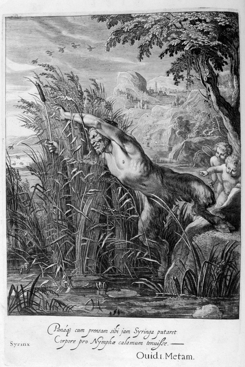 Pan forfølger Syrinx, der forvandles til et siv, 1665 af Michel de Marolles