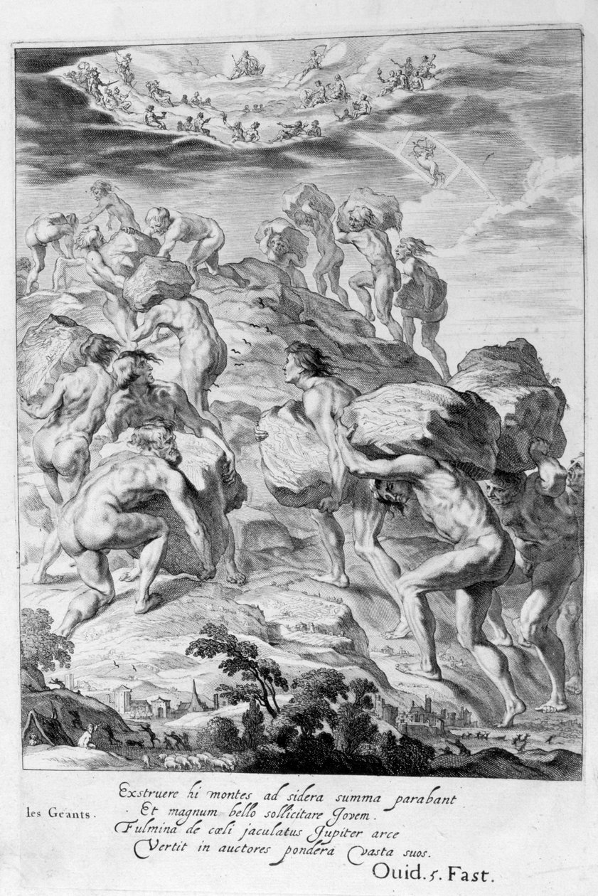 Jætterne forsøger at skalere himlen ved at stable bjerge oven på hinanden, 1655 af Michel de Marolles