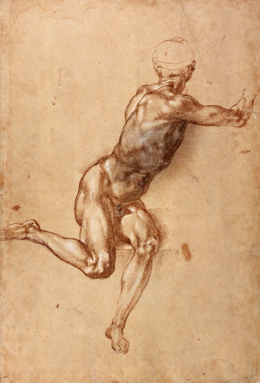 En siddende nøgen mand, der snoer sig rundt, ca. 1505 (pen og blæk med vask på papir) af Michelangelo Buonarroti
