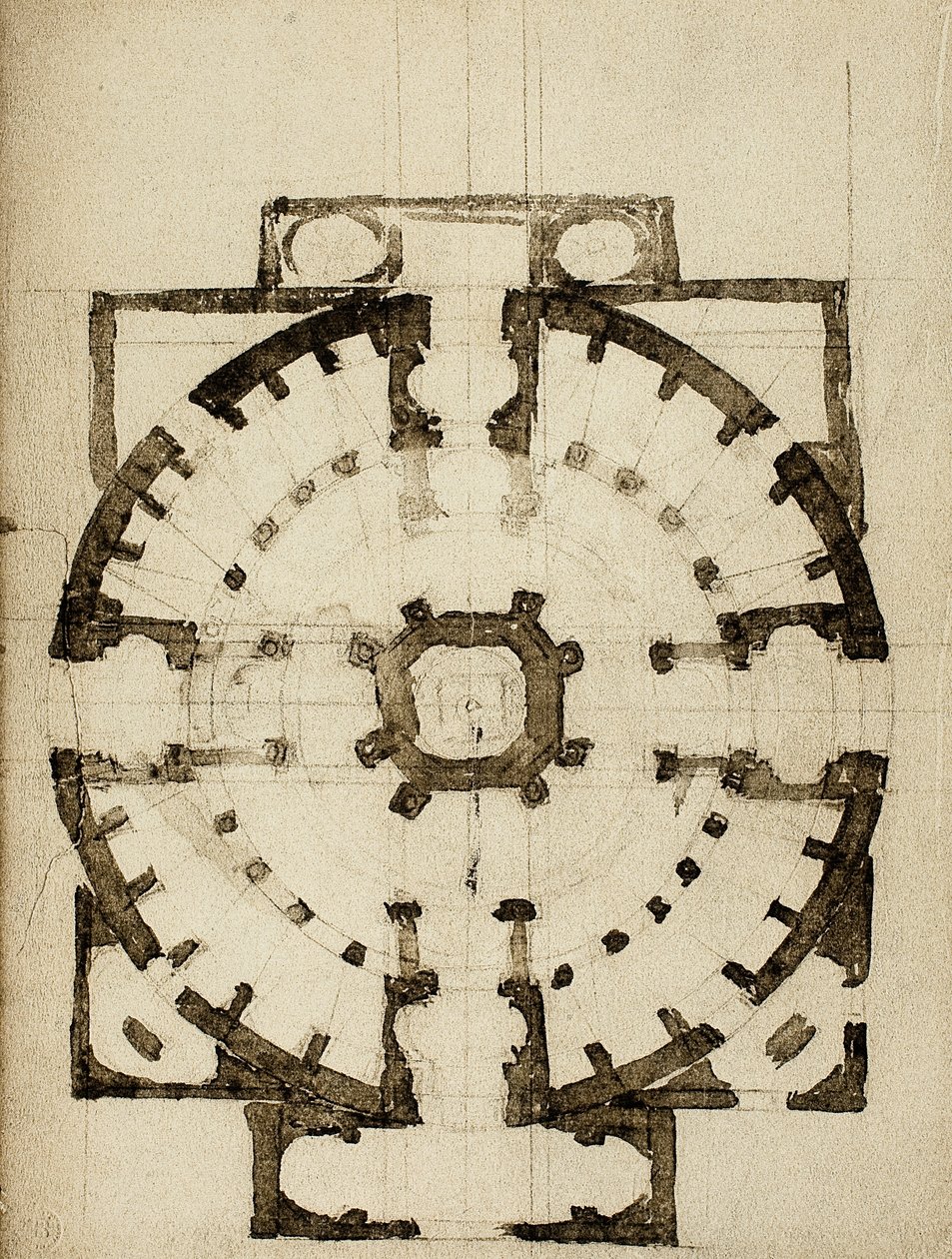 Arkitektonisk projekt til planen for en kirke; tegning af Michelangelo. Casa Buonarroti, Firenze af Michelangelo Buonarroti